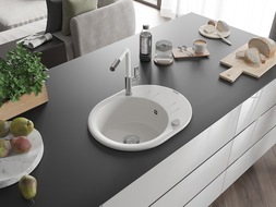 Mexen Kevin žulový kuchynský drez 1-komorový s odkvapkávačom a kuchynskou batériou Flora, biely - 6517-20-670401-02