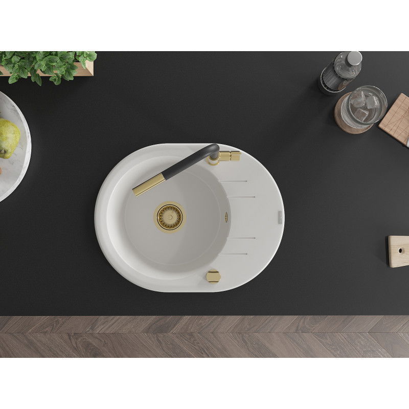 Mexen Kevin granitový drez s 1-komorou s odkvapkávačom a kuchynskou batériou Flora, biela - 6517-20-670401-57-G