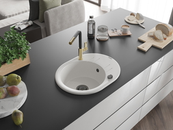 Mexen Kevin granitový drez 1-komorový s odkvapkávačom a kuchynskou batériou Flora, biely - 6517-20-670401-57-B