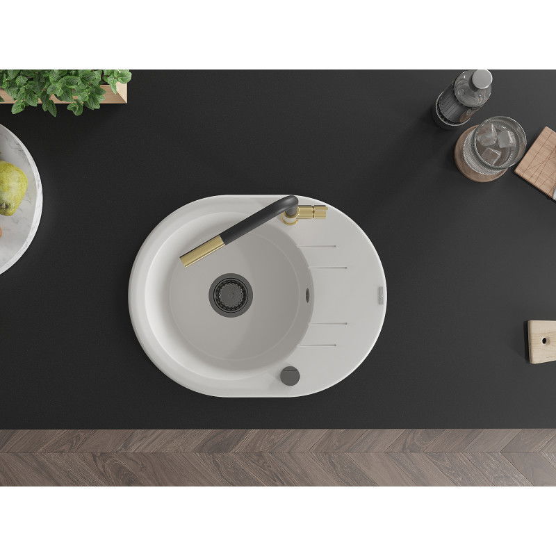 Mexen Kevin granitový drez 1-komorový s odkvapkávačom a kuchynskou batériou Flora, biely - 6517-20-670401-57-B