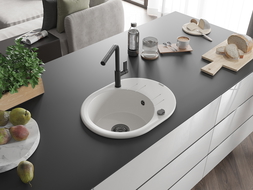 Mexen Kevin žulový kuchynský drez s 1 komorou, odkvapkávačom a kuchynskou batériou Flora, biely - 6517-20-670401-70-B