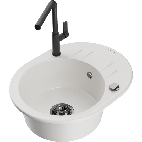 Mexen Kevin žulový kuchynský drez s 1 komorou, odkvapkávačom a kuchynskou batériou Flora, biely - 6517-20-670401-70-B