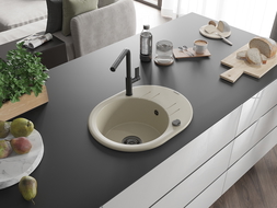 Mexen Kevin granitový kuchynský drez 1-komorový s odkvapkávačom a kuchynskou batériou Flora, béžový - 6517-69-670401-70-B