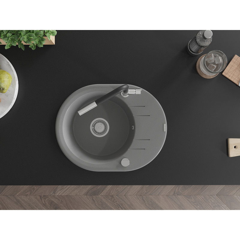 Mexen Kevin granitový kuchynský drez s 1 komorou s odkvapkávačom a kuchynskou batériou Flora, sivý - 6517-71-670401-07