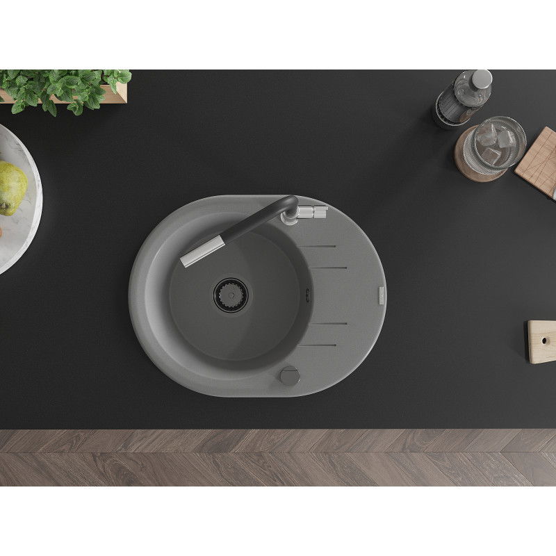 Mexen Kevin žulový drez 1-komorový s odkvapkávačom a kuchynskou batériou Flora, sivý - 6517-71-670401-07-B