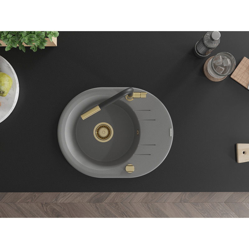 Mexen Kevin granitový kuchynský drez s 1 komorou a odkvapkávačom a kuchynskou batériou Flora, sivý - 6517-71-670401-57-G