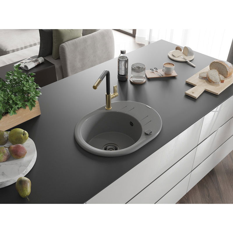 Mexen Kevin žulový drez s 1 komorou s odkvapkávacou plochou a kuchynskou batériou Flora, sivý - 6517-71-670401-57-B