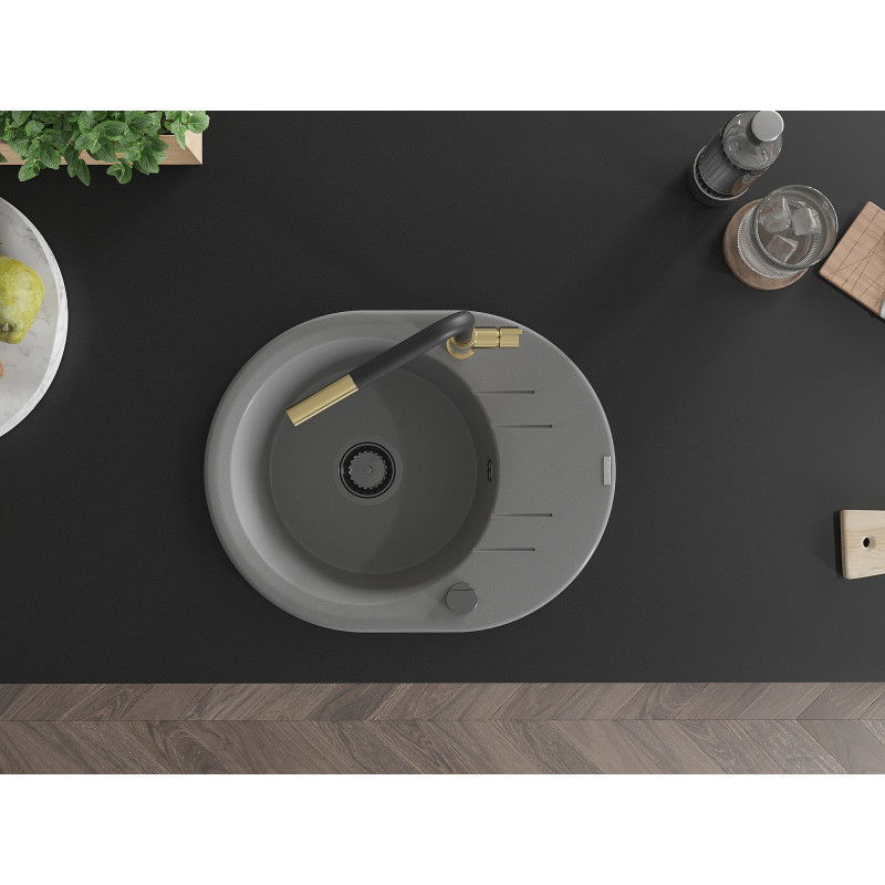 Mexen Kevin žulový drez s 1 komorou s odkvapkávacou plochou a kuchynskou batériou Flora, sivý - 6517-71-670401-57-B