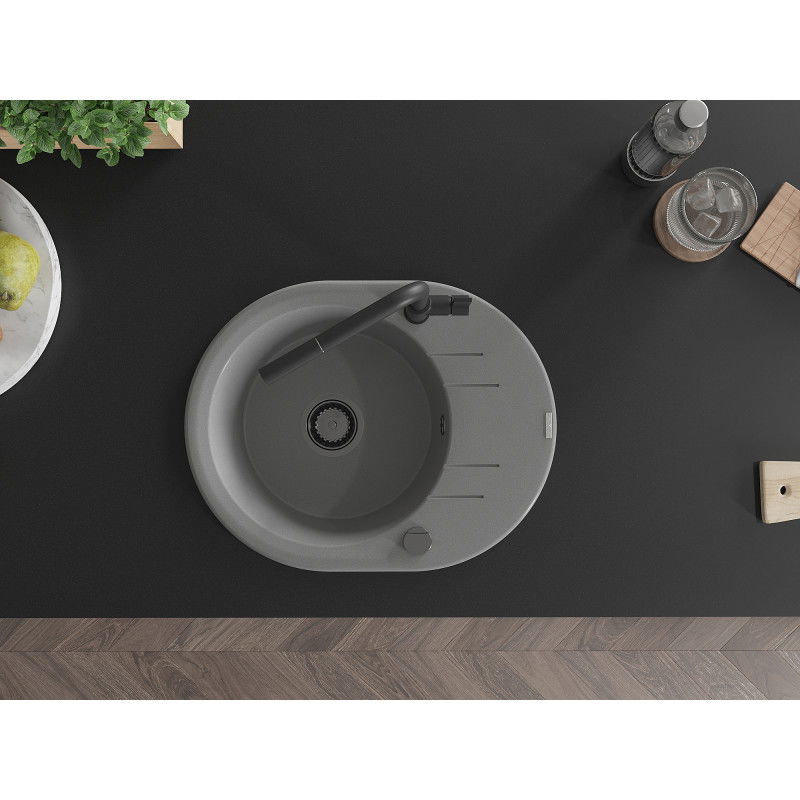 Mexen Kevin žulový drez 1-komorový s odkvapkávačom a kuchynskou batériou Flora, sivý - 6517-71-670401-70-B