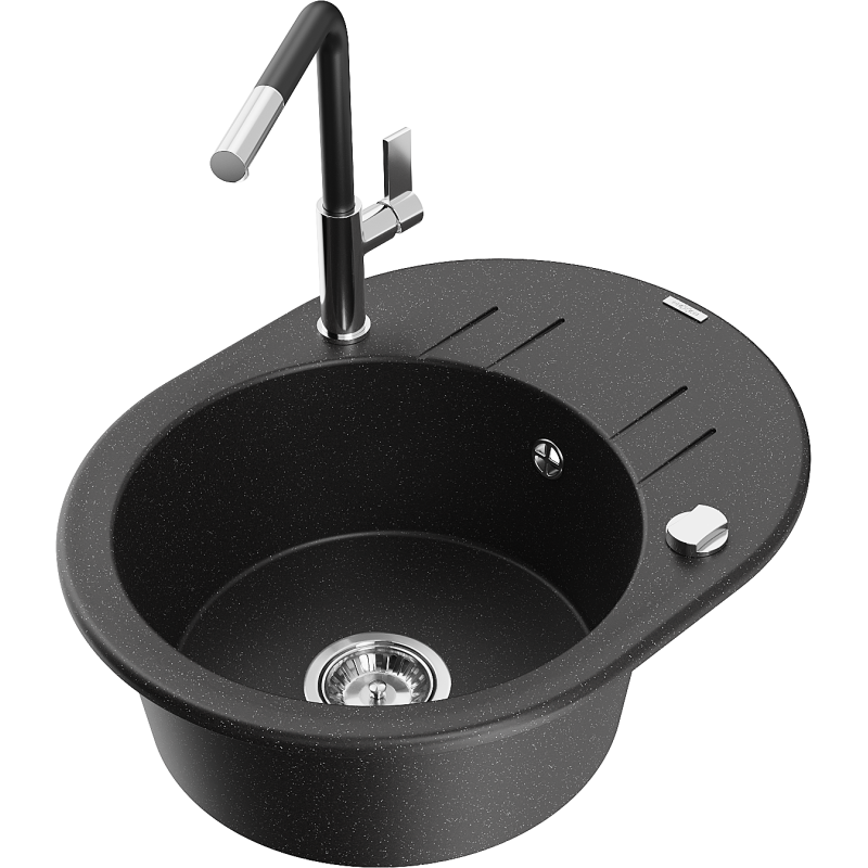 Mexen Kevin granitový kuchynský drez s 1-komorou s odkvapkávačom a kuchynskou batériou Flora, čierny/strieborný