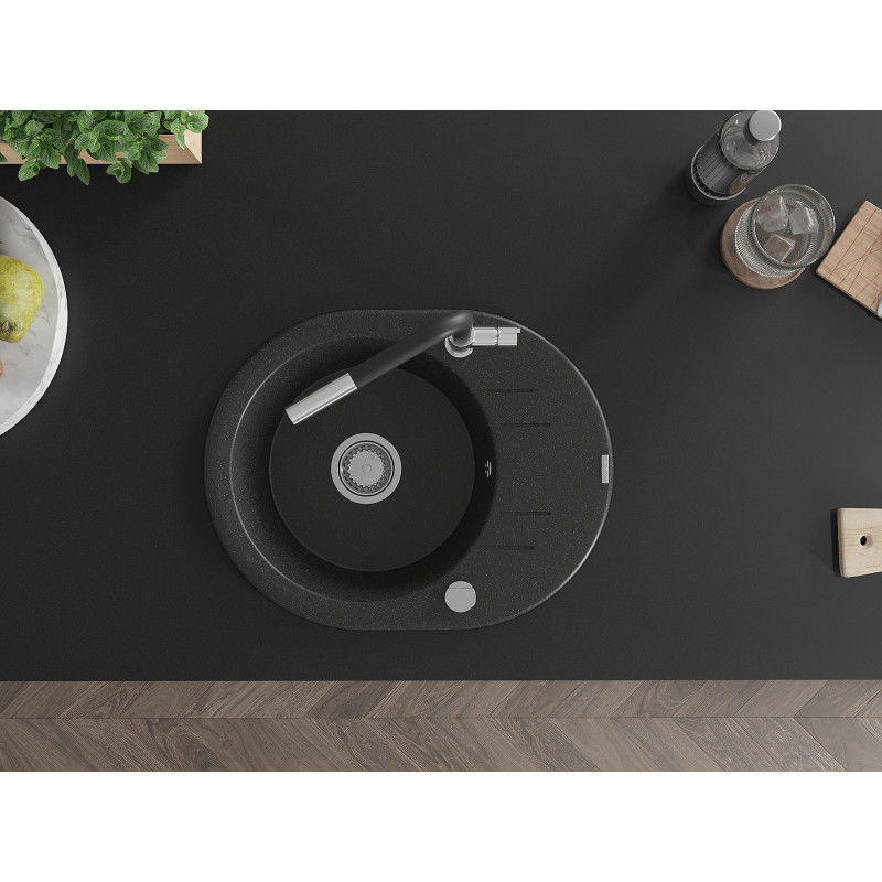 Mexen Kevin granitový kuchynský drez s 1-komorou s odkvapkávačom a kuchynskou batériou Flora, čierny/strieborný