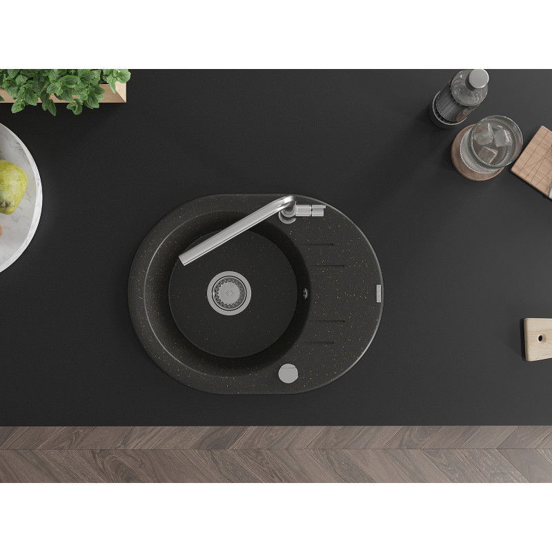 Mexen Kevin granitový drez 1-komorový s odkvapkávačom a kuchynskou batériou Flora, čierny/zlatý metalík