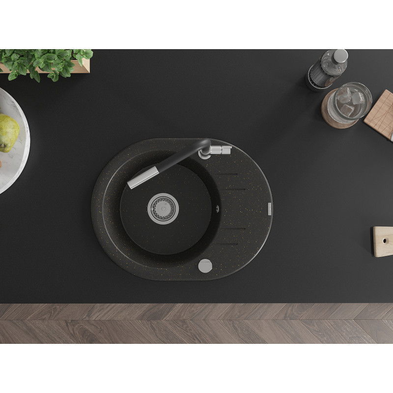 Mexen Kevin žulový drez 1-komorový s odkvapkávačom a kuchynskou batériou Flora, čierny/zlatý metalik - 6517-75-670401-07