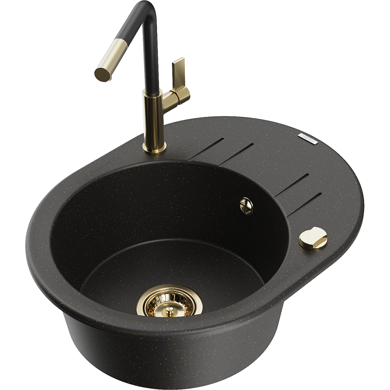 Mexen Kevin granitový kuchynský drez s 1 komorou, odkvapkávacou plochou a kuchynskou batériou Flora, čierny/zlatý