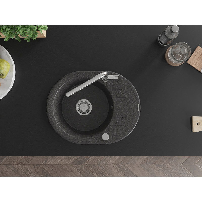Mexen Kevin granitový kuchynský drez s 1 komorou, odkvapkávačom a kuchynskou batériou Flora, čierny s bodkami