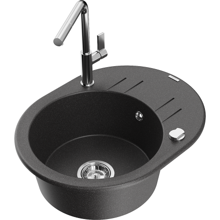 Mexen Kevin granitový kuchynský drez s 1 komorou, odkvapkávačom a kuchynskou batériou Flora, čierny s bodkami