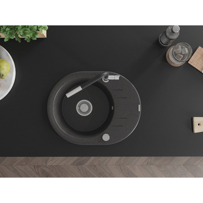 Mexen Kevin jednokomorový žulový drez s odkvapkávačom a kuchynskou batériou Flora, čierny strakatý - 6517-76-670401-07