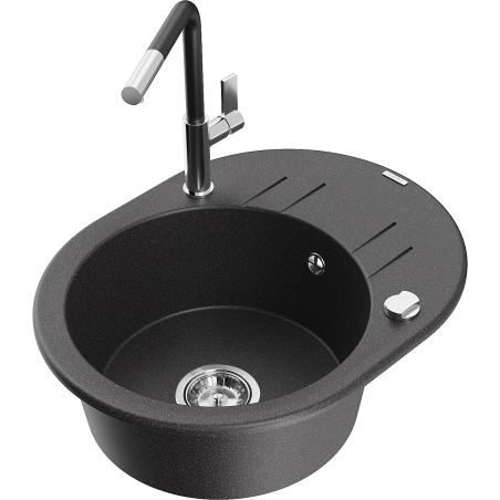 Mexen Kevin jednokomorový žulový drez s odkvapkávačom a kuchynskou batériou Flora, čierny strakatý - 6517-76-670401-07