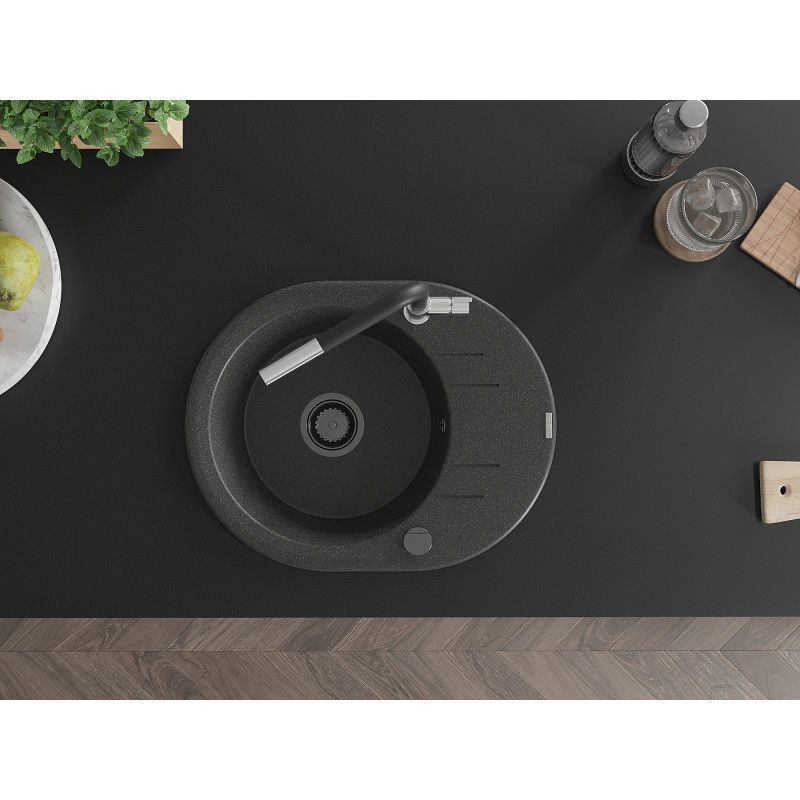 Mexen Kevin granitový kuchynský drez s 1 komorou a odkvapkávačom a kuchynskou batériou Flora, čierny s bodkami