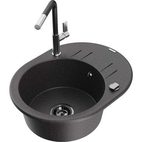 Mexen Kevin granitový kuchynský drez s 1 komorou a odkvapkávačom a kuchynskou batériou Flora, čierny s bodkami