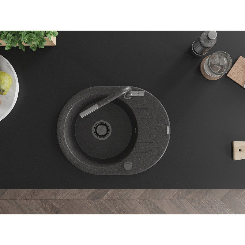 Mexen Kevin granitový drezu 1-komorový s odkvapkávačom a kuchynskou batériou Flora, čierny s bodkami - 6517-76-670401-08-B