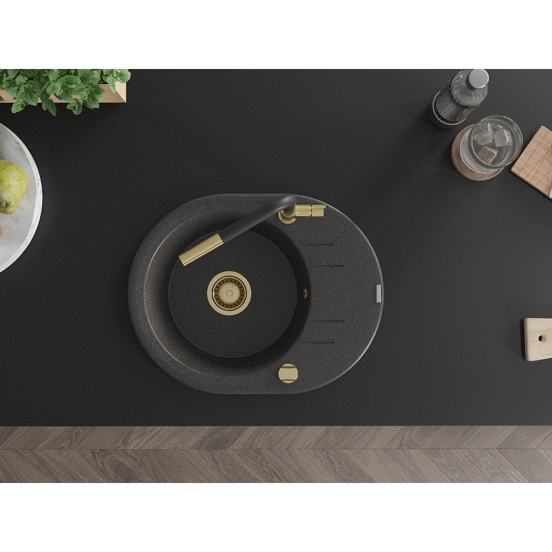 Mexen Kevin granitový drez s 1-komorou s odkvapkávačom a kuchynskou batériou Flora, čierny škvrnitý - 6517-76-670401-57-G