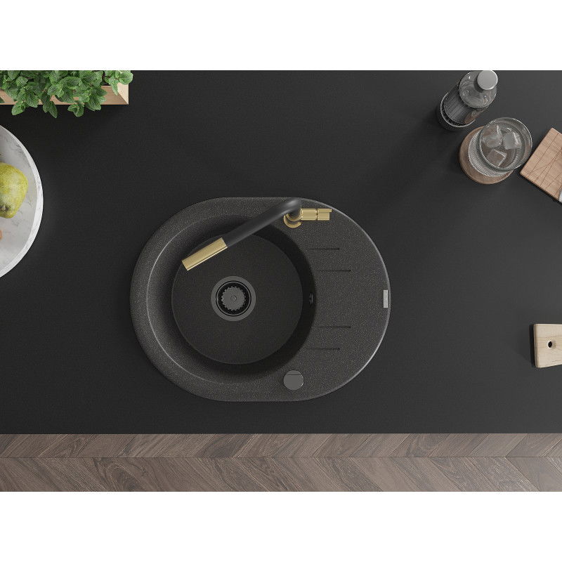 Mexen Kevin jednokomorový žulový drez s odkvapkávačom a kuchynským kohútikom Flora, čierny s postriekaním