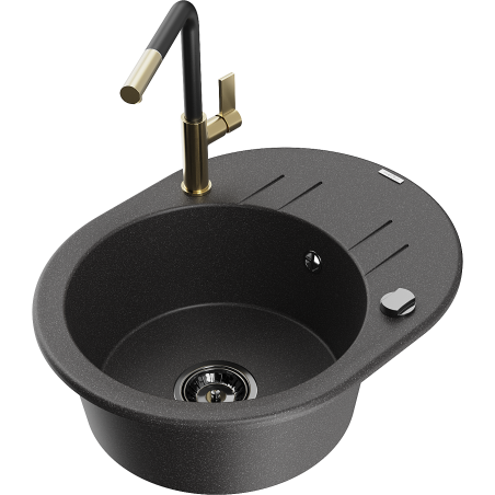 Mexen Kevin jednokomorový žulový drez s odkvapkávačom a kuchynským kohútikom Flora, čierny s postriekaním