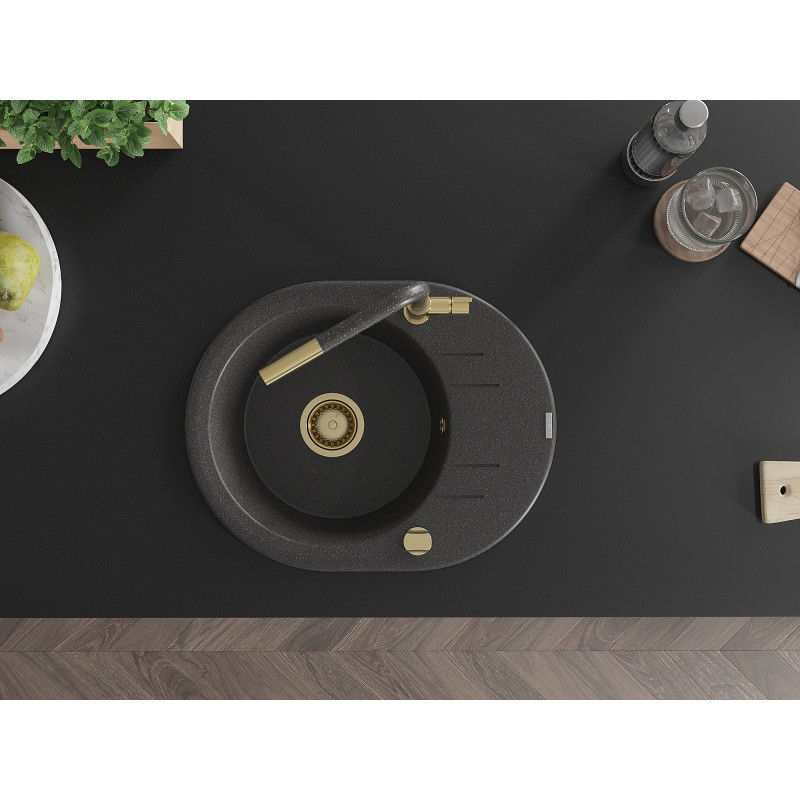 Mexen Kevin žulový drez 1-komorový s odkvapkávačom a kuchynskou batériou Flora, čierny škvrnitý - 6517-76-670401-75-G