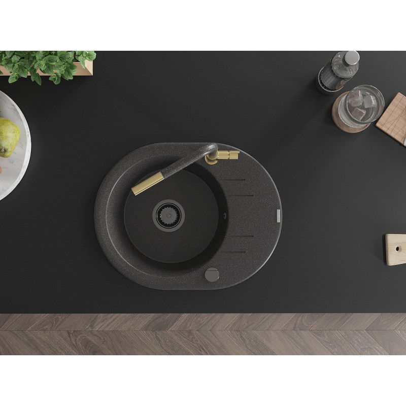 Mexen Kevin žulový jednodrez s odkvapkávačom a kuchynskou batériou Flora, čierny bodkovaný - 6517-76-670401-75-B