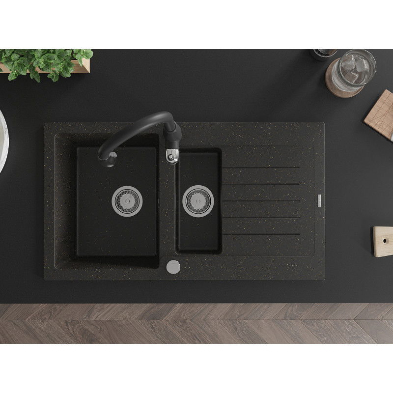 Mexen Matias žulový drez 1,5-komorový s odkvapkávačom a kuchynskou batériou Savita, čierno/zlatý - 6502-75-672601-70