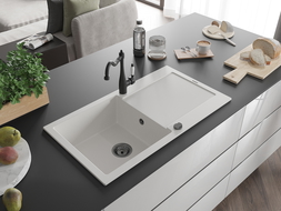 Mexen Leo žulový drez s 1 komorou a odkvapkávačom a kuchynskou batériou Carla, biely - 6501-20-670700-70