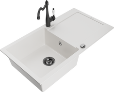 Mexen Leo žulový drez s 1 komorou a odkvapkávačom a kuchynskou batériou Carla, biely - 6501-20-670700-70