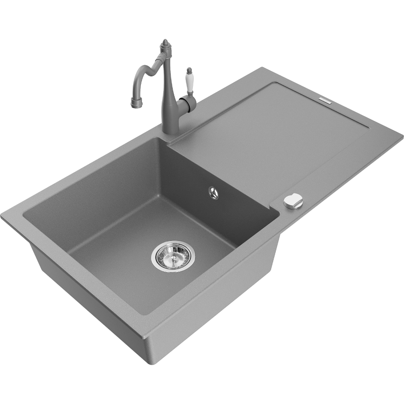 Mexen Leo granitový drez s jednou komorou s odkvapkávačom a kuchynskou batériou Carla, šedý - 6501-71-670700-71