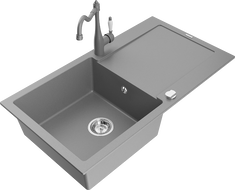 Mexen Leo žulový kuchynský drez s 1 komorou a odkvapkávačom a kuchynskou batériou Carla, sivý - 6501-71-670700-71