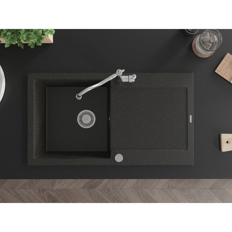 Mexen Leo granitový drez 1-komorový s odkvapkávačom a kuchynskou batériou Carla, čierny/zlatý metalik - 6501-75-670700-00