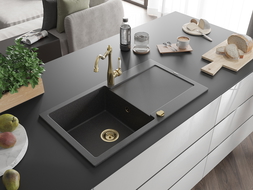 Mexen Leo granitový kuchynský drez 1-komorový s odkvapkávačom a kuchynskou batériou Carla, čierny škvrnitý - 6501-76-670700-50