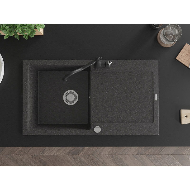 Mexen Leo žulový drez s 1 komorou, odkvapkávacou plochou a kuchynskou batériou Carla, čierny škvrnitý - 6501-76-670700-70