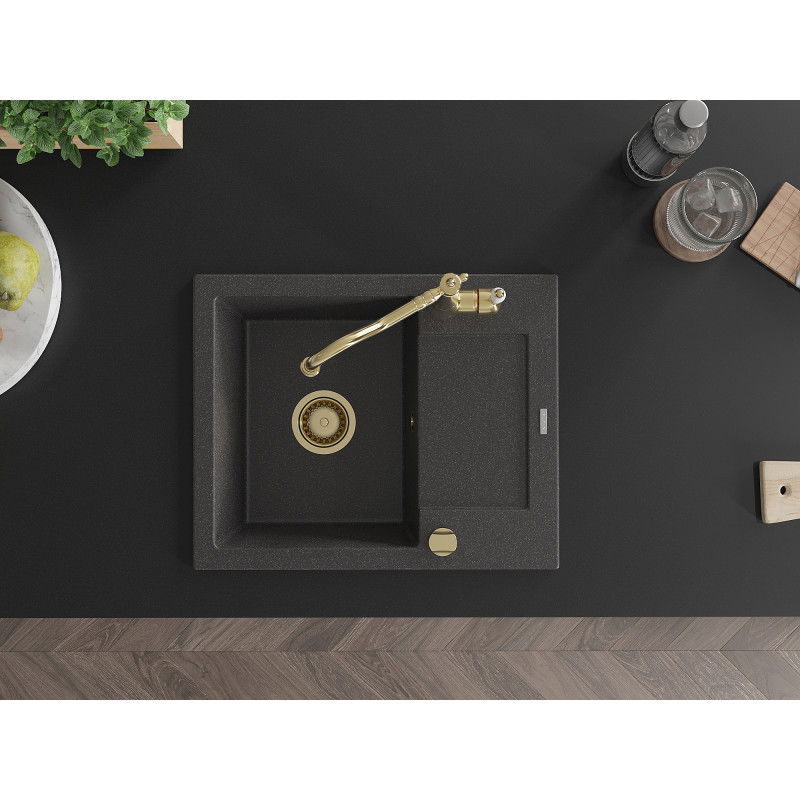 Mexen Enzo granitový drez 1-komorový s odkvapkávačom a kuchynskou batériou Carla, čierny strakatý - 6506-76-670700-50