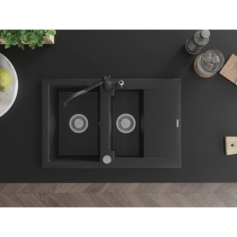 Mexen Gaspar žulový kuchynský drez 1,5-komorový s odkvapkávačom a kuchynskou batériou Carla čierny/strieborný