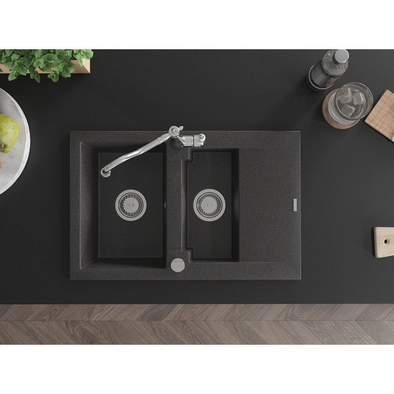 Mexen Gaspar granitový drez 1,5-komorový s odkvapkávačom a kuchynskou batériou Carla, čierny s bodkami - 6507-76-670700-00