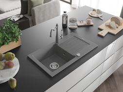 Mexen Pablo žulový drez 1-komorový s odkvapkávačom a kuchynskou batériou Carla, sivý - 6510-71-670700-71