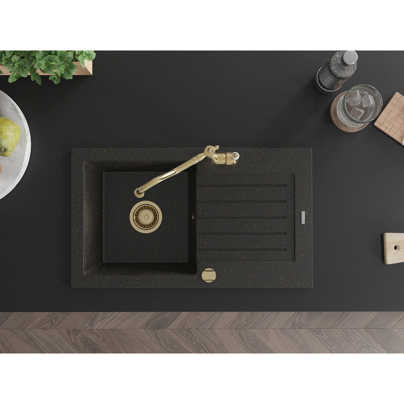 Mexen Pablo granitový jednodrez s odkvapkávačom a kuchynskou batériou Carla, čierny/zlatý metalický - 6510-75-670700-50