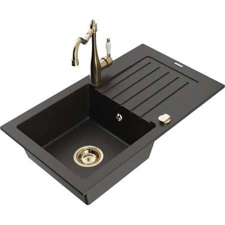 Mexen Pablo granitový jednodrez s odkvapkávačom a kuchynskou batériou Carla, čierny/zlatý metalický - 6510-75-670700-50