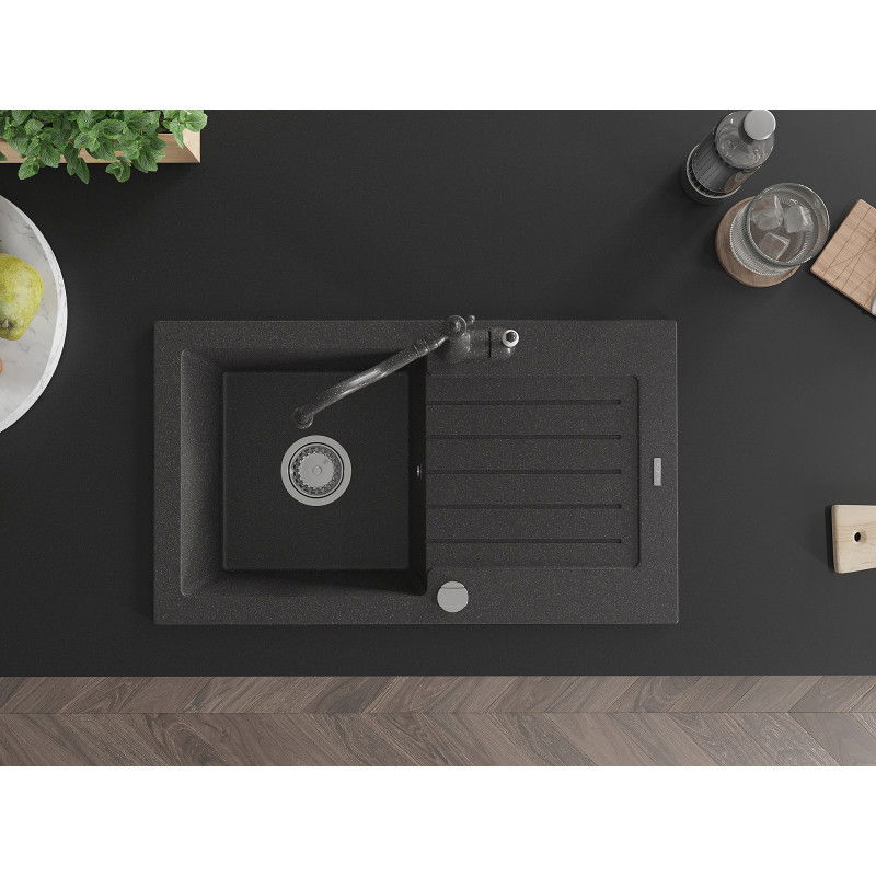 Mexen Pablo granitový jednokomorový drez s odkvapkávačom a kuchynskou batériou Carla, čierny s bielymi škvrnami