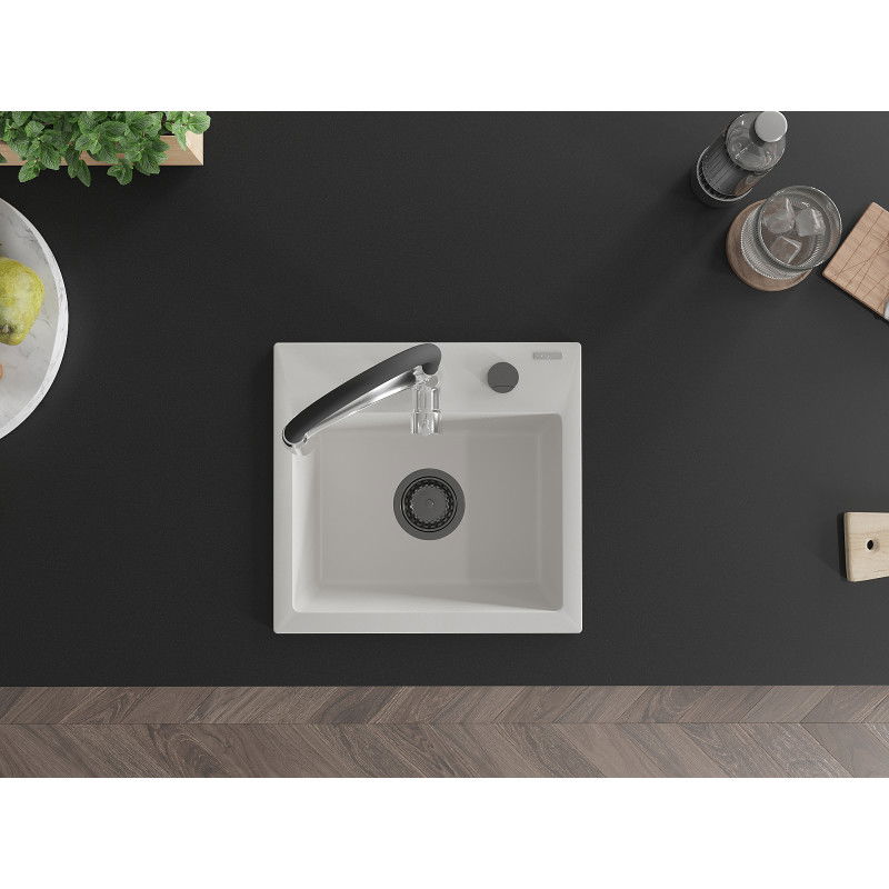 Mexen Milo granitový jednodrez s kuchynskou batériou Aster, biely - 6505-20-73450-07-B