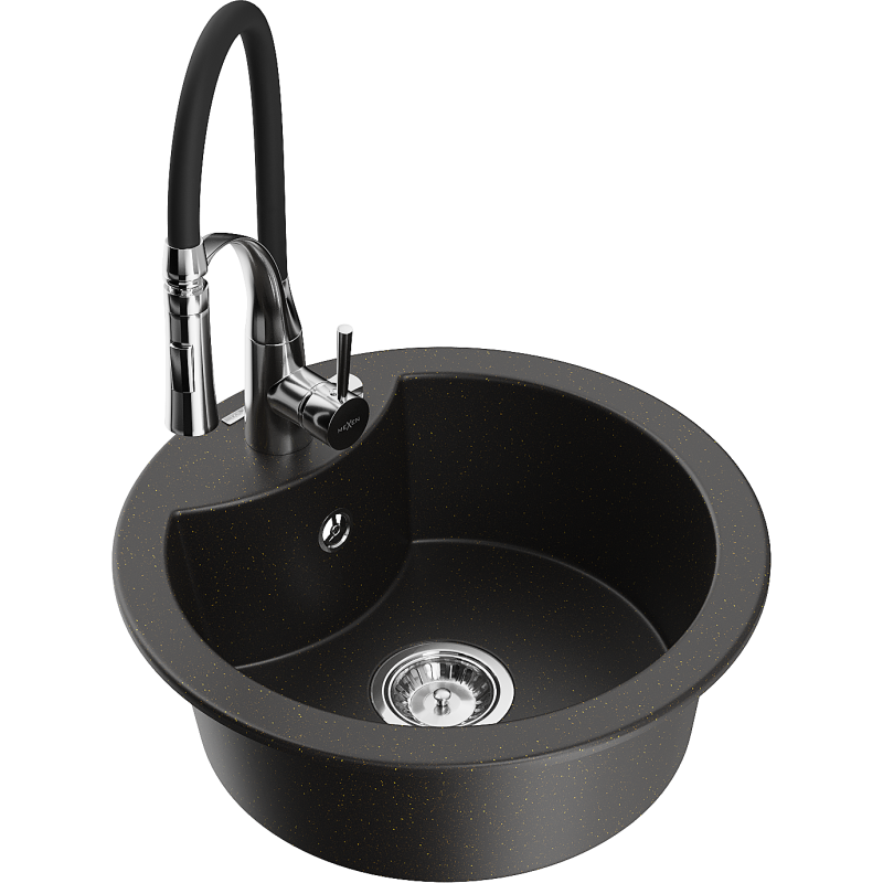 Mexen Diego granitový 1-komorový drez s kuchynskou batériou Aster, čierny/zlatý metalik - 6512-75-73450-70