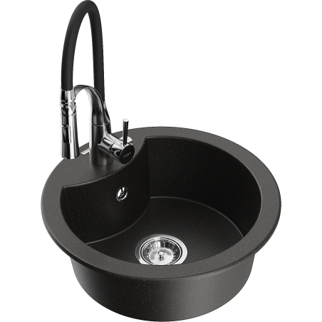 Mexen Diego granitový 1-komorový drez s kuchynskou batériou Aster, čierny/zlatý metalik - 6512-75-73450-70