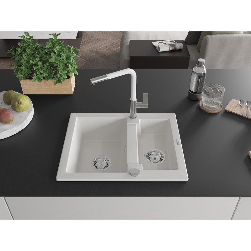 Mexen Carlos granituálny drez s 1,5 komorami s kuchynskou batériou Flora, biely - 6518-20-670401-02