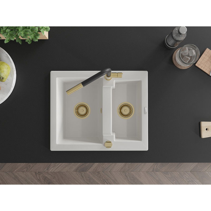 Mexen Carlos granitový drez 1,5-komorový s kuchynskou batériou Flora, biely - 6518-20-670401-57-G
